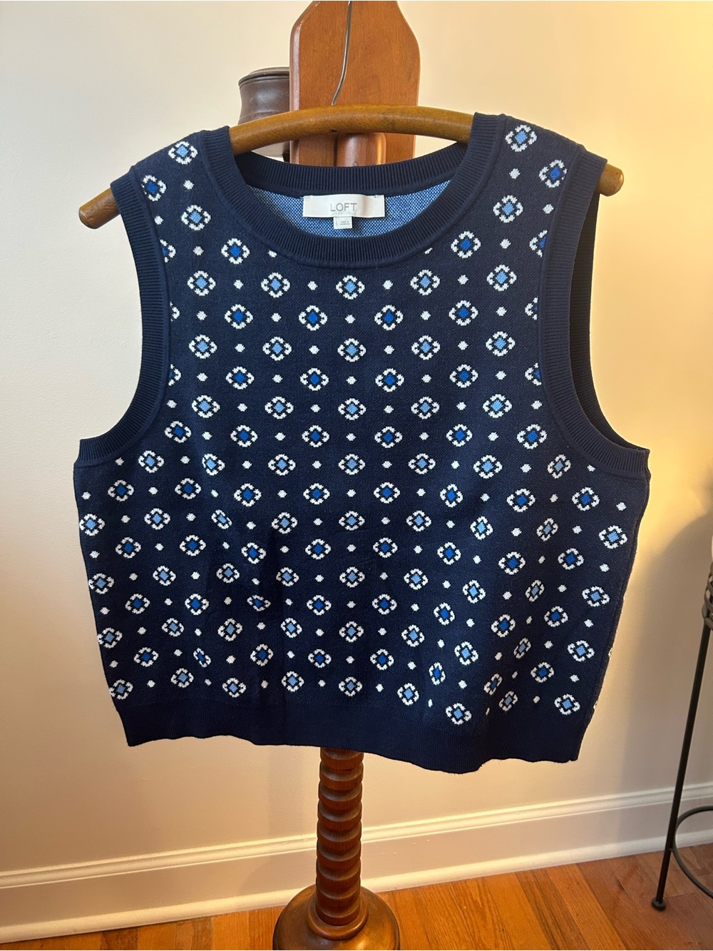 LOFT Navy Sleeveless Knit Tank with Blue & White Floral Dot Motif
